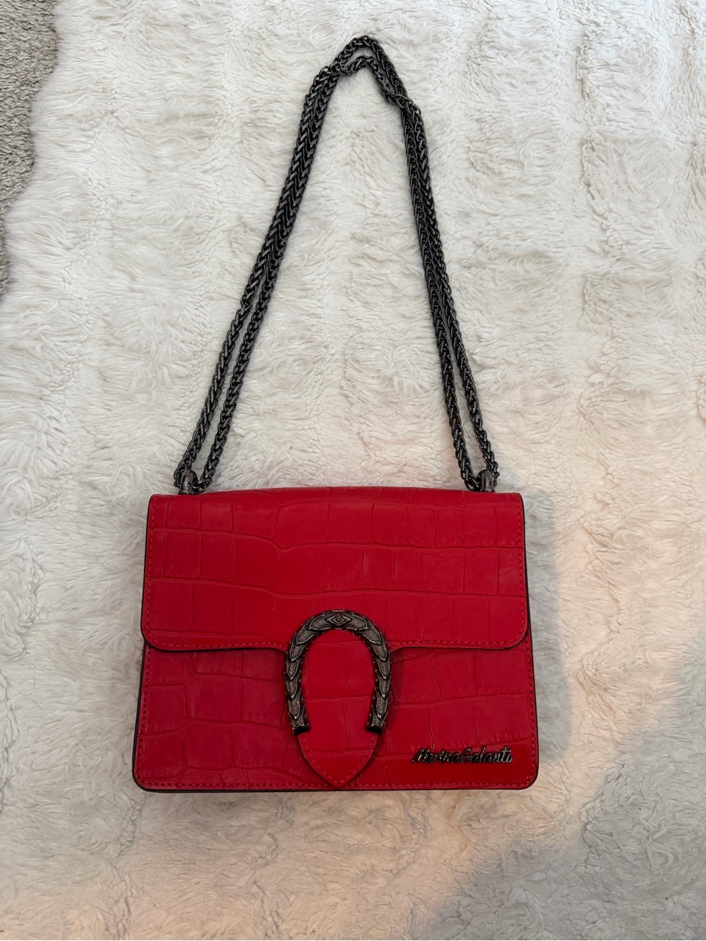 Red Croc-Embossed Shoulder Bag with Gunmetal Chain